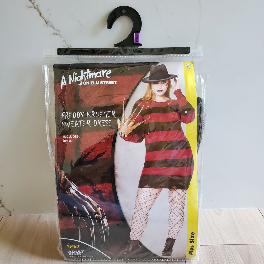 Spirit Freddy Krueger Costume Womens 1X Red Striped Sweater Dress Halloween